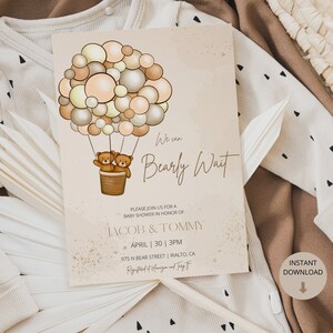 Editable Bear Balloons Twins Baby Shower & Gender Reveal Invitation Template - We Can Bearly Wait for These Two!
