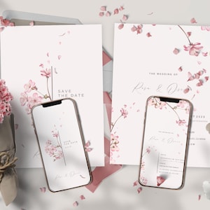 Invito a nozze Sakura Blossom Dreams, biglietto Save the Date, design elegante, matrimonio floreale, modello modificabile per matrimonio Sakura Festival