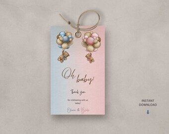 Può includere: Un biglietto di ringraziamento rosa e blu con un orsacchiotto che tiene dei palloncini. Il testo sul biglietto recita "Oh baby! Grazie per aver festeggiato con noi oggi! Olivia & Blake".
