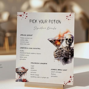 Wybierz swój szablon menu Poison Bar, menu drinków na Halloween, upiorne menu koktajlowe szkieletu, drukowalne dekoracje na imprezę Halloween, upiorne drinki