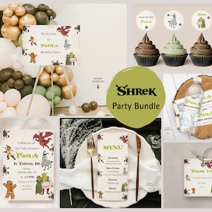 Prepárate para llenar de ogros tu fiesta con el paquete editable de fiesta de cumpleaños de Shrek: descarga digital, imprimible y personalizable con Canva