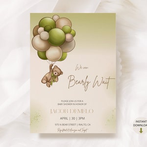 Sage Green Bear Baby Shower Invitation, Balloons, Editable Template (Digital Download)