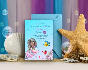 Zaproszenie urodzinowe z motywem Małej Syrenki – Halle Bailey Ariel, Pod wodą (szablon Canva do pobrania na bieżąco)