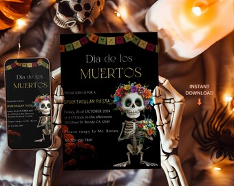 May include: A black and gold printable invitation for a Dia de los Muertos party. The invitation features a skeleton with a floral crown holding flowers. The text on the invitation reads "Dia de los Muertos" and "Spooktacular Fiesta".