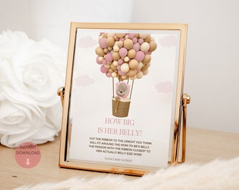 Editable Girl Bear Balloon How Big Is Her Belly, Hot Air Balloon Teddy Bear Baby Shower Game, We Can Bearly Wait Guess Mommy&#39;s Belly