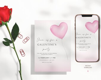 Galentine's Party Invitation Template, Pink Heart, Girls Night (Digital Download)