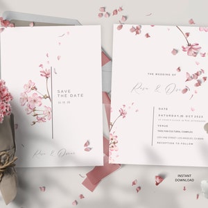 Sakura Blossom Dreams Hochzeitseinladung, Save the Date Karte, elegantes Design, Blumenhochzeit, bearbeitbare Vorlage, Sofort Download
