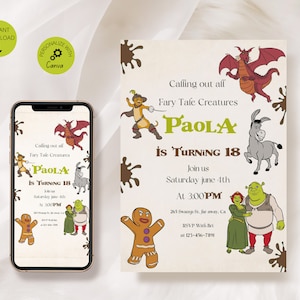 Editable Shrek Birthday Party Invitation Template, Printable Evite, Digital Mobile Birthday, Party With Shrek, Instant Download, Canva