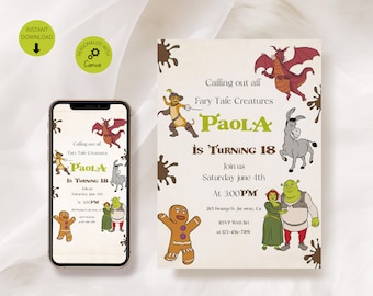 Plantilla editable de invitación a fiesta de cumpleaños de Shrek, Evite imprimible, Cumpleaños móvil digital, Fiesta con Shrek, Descarga instantánea, Canva