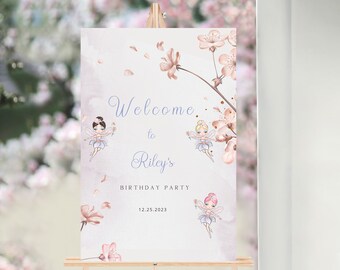 Bearbeitbares Geburtstags-Willkommensschild, Blumenprinzessin Party (Instant Download, Canva)