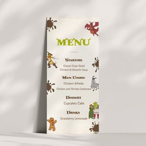 May include: A whimsical menu featuring cartoon characters from Shrek and other fairy tales. The menu includes starters, main courses, dessert, and drinks. The text on the menu reads: "MENU", "STARTERS", "Classic Cesar Salad", "Chicken & Gnocchi Soup", "Main Course", "Chicken Alfredo", "Chicken and Shrimp Carbonara", "DesserT", "Cupcakes Cake", "DRINKS", "Strawberry Lemonade".