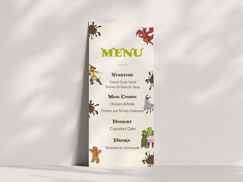 May include: A whimsical menu featuring cartoon characters from Shrek and other fairy tales. The menu includes starters, main courses, dessert, and drinks. The text on the menu reads: "MENU", "STARTERS", "Classic Cesar Salad", "Chicken & Gnocchi Soup", "Main Course", "Chicken Alfredo", "Chicken and Shrimp Carbonara", "DesserT", "Cupcakes Cake", "DRINKS", "Strawberry Lemonade".
