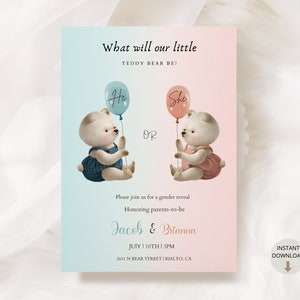 Editable Bear Gender Reveal Invitation Template (Digital Download)