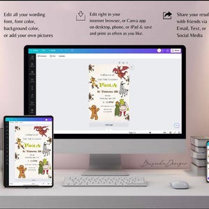 May include: A digital invitation for a "Shrek" themed birthday party. The invitation features a green ogre, a gingerbread man, a dragon, and a donkey. The text on the invitation reads "Celebrating the First Birthday of Paola".