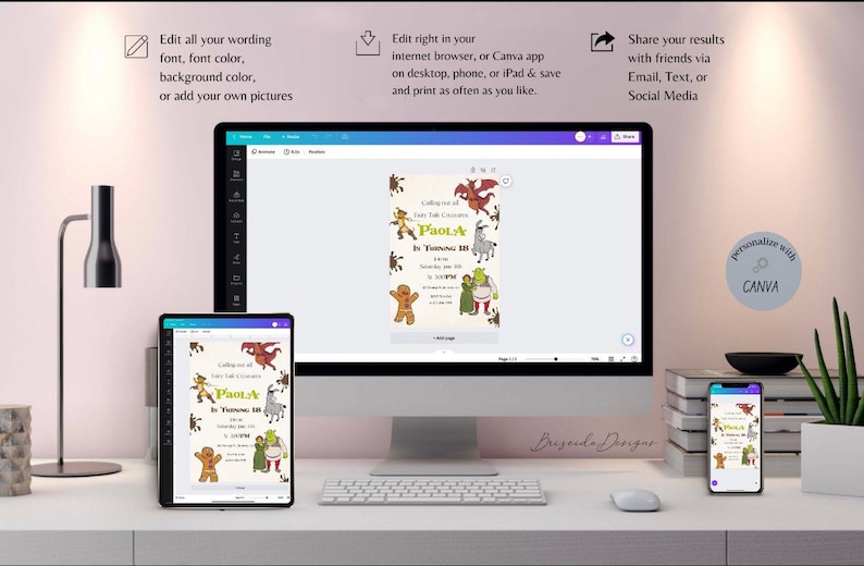 May include: A digital invitation for a "Shrek" themed birthday party. The invitation features a green ogre, a gingerbread man, a dragon, and a donkey. The text on the invitation reads "Celebrating the First Birthday of Paola".