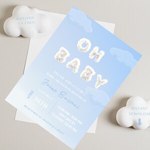 A Little Blue Cloud is on the Way! Fun and Editable Baby Shower Invitation Template, Instant Download and Editable with Canva
