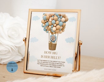 Editable Boy Bear Balloon How Big Is Her Belly, Hot Air Balloon Teddy Bear Baby Shower Game, We Can Bearly Wait Guess Mommy&#39;s Belly