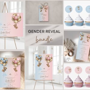 Tragen Sie es alle mit diesen entzückenden bearbeitbaren Bären Ballon Gender Reveal Bundle-Vorlagen, können wir kaum warten, druckbar, sofortiger Download, Canva