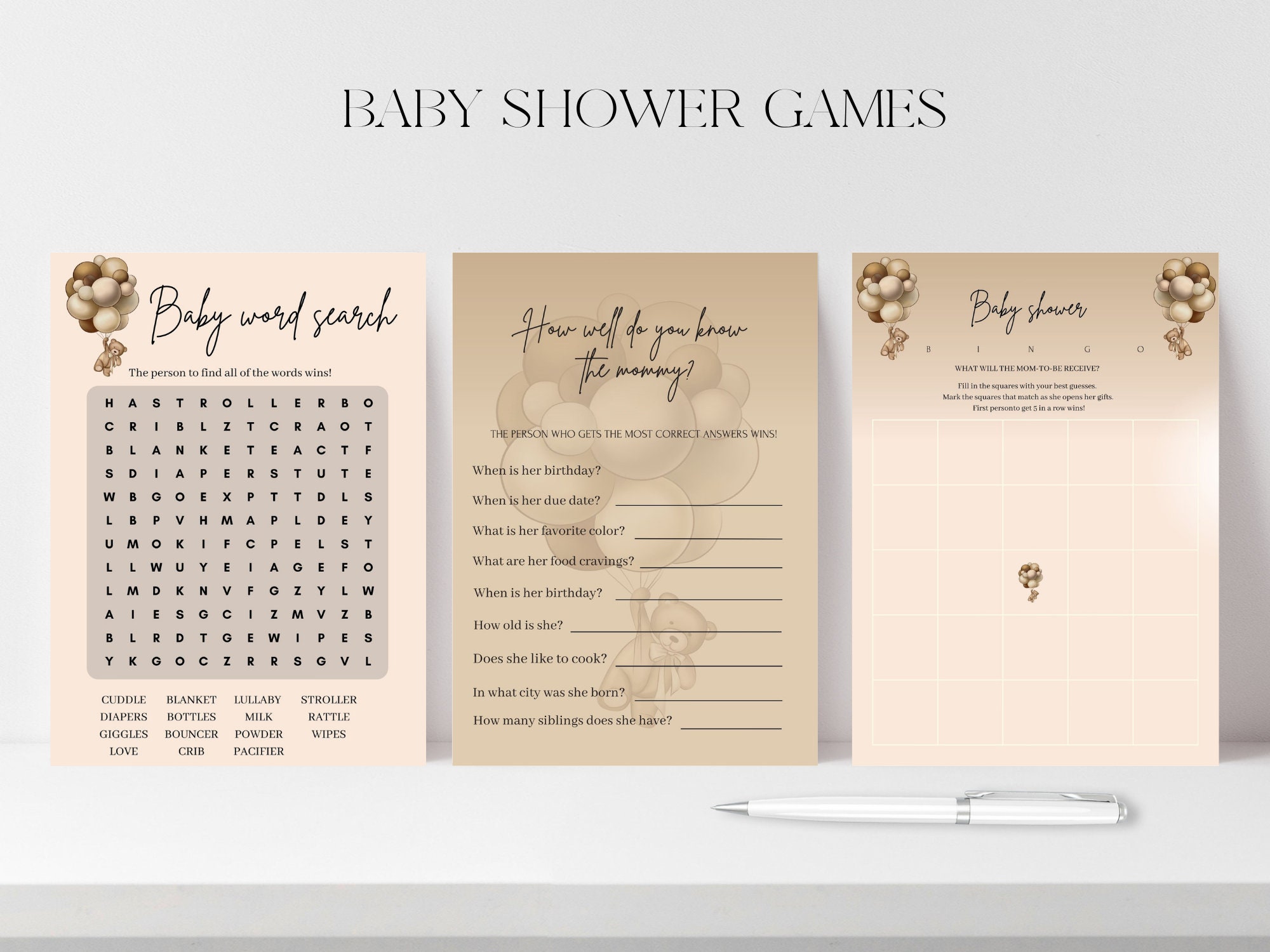 Bear-y Fun Baby Shower Games! Bear Balloons Games Bundle - Gender Neutral, Digital Download with Bingo, Crossword, & More! (Not Editable)