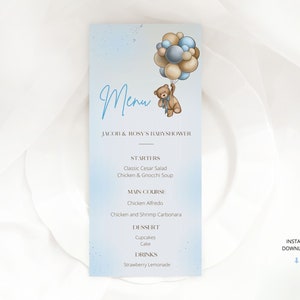 Douche de bébé garçon bleu modifiable, ballon à Air chaud, nous pouvons Bearly Wait 4 x 9" Menu, n’importe quel événement Menu, téléchargement immédiat, Canva