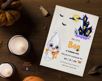 May include: A printable Halloween party invitation featuring a cute cartoon ghost holding a lollipop. The invitation says "Our Little Boo is Turning Five!" and includes the date, time, and location of the party.