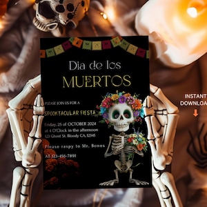 Dia De Los Muertos, modèle d'Invitation du jour des morts et invitation à imprimer, thème mexicain Halloween, Fiesta party, Fiesta Sugar Skull