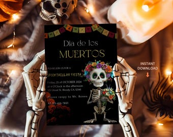 May include: A black and gold invitation for a Dia de los Muertos party. The invitation features a skeleton with a flower crown holding a bouquet of flowers. The text on the invitation reads "Dia de los Muertos" and "Spooktacular Fiesta".