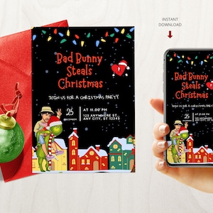 Invitación de cumpleaños de Bad Bunny, Una Navidad Sin Ti, Cómo Benito robó la invitación de Navidad, Plantilla editable, Descarga instantánea, Canva
