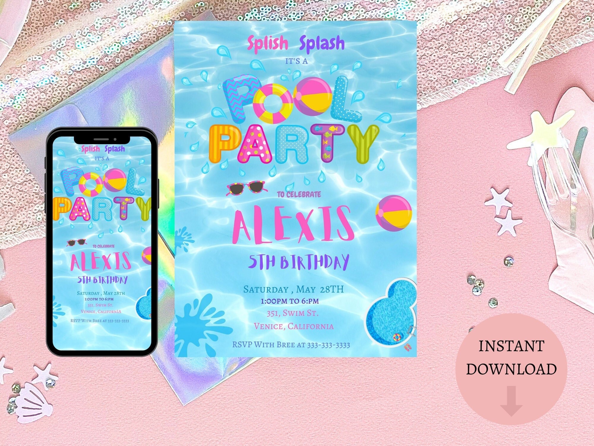 Girl's Pool Birthday Invitation | Editable Canva Template (digital ...