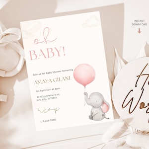 Plantilla de invitación de baby shower con globo de elefante rosa minimalista adorable para tu princesita, descarga instantánea, Canva