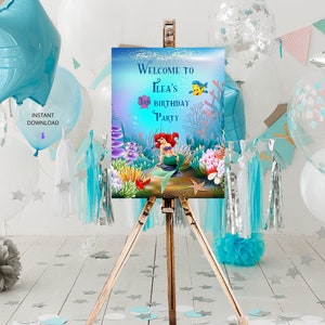 Welcome to Ariel's Underwater Kingdom, Little Mermaid Ariel Princess Birthday Welcome Sign, Instant Download and Editable, Canva Template