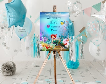 Ariel Princess Birthday Welcome Sign, Editable Canva Template (Instant Download)