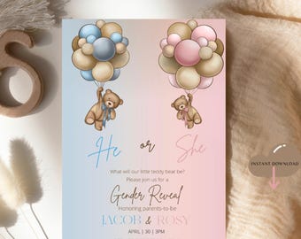 Editable Gender Reveal Invitation, Bear & Hot Air Balloon, He or She Baby Reveal, Printable Baby Shower Invite, pink or blue, Canva Template