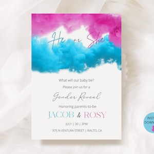 Él o Ella, Prepárate para la Sorpresa, Polvos para Revelar el Género DIY, Invitación con Humo Azul y Rosa para la Gran Sorpresa, Descarga Instantánea