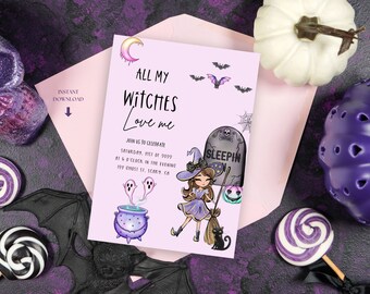 Invitación de cumpleaños de bruja editable, fiesta de disfraces de Halloween (Invitación digital)