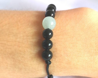 Black obsidian bracelet, protection and calming bracelet, black obsidian beads, aquamarine bead, protection bracelet, calming bracelet.