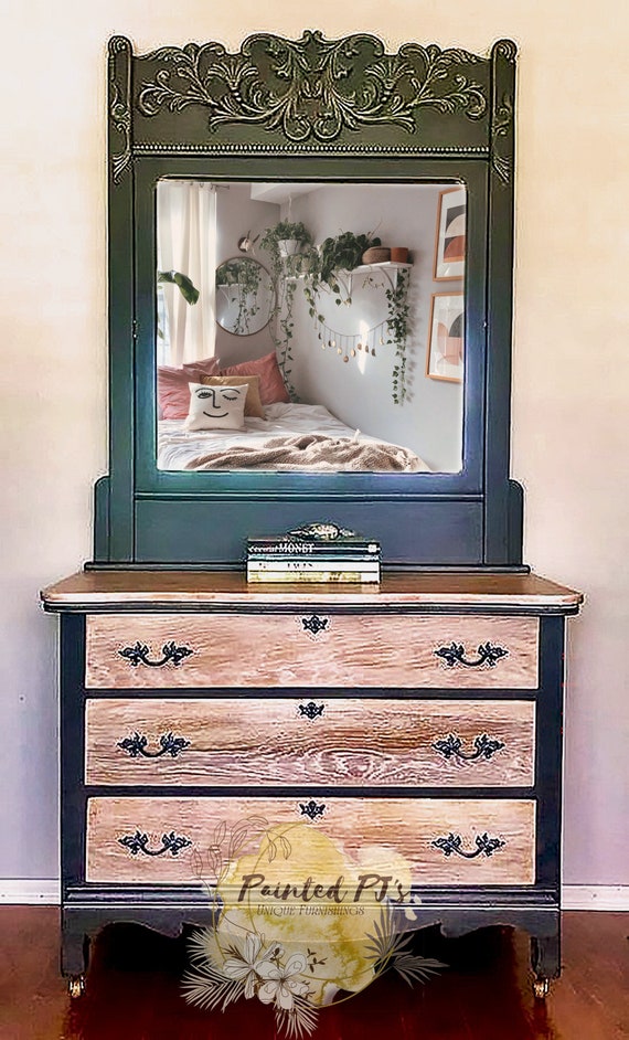 Gray Dresser With Mirror Custom Painted Boho Furniture Etsy