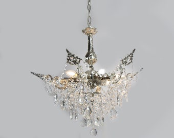 VINTAGE CHANDELIER Silver Cast Brass Chandelier with Crystal Drops - Handmade