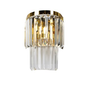 May include: A gold-toned wall sconce with a crystal chandelier design. The sconce has two tiers of crystal prisms that hang from a circular base.