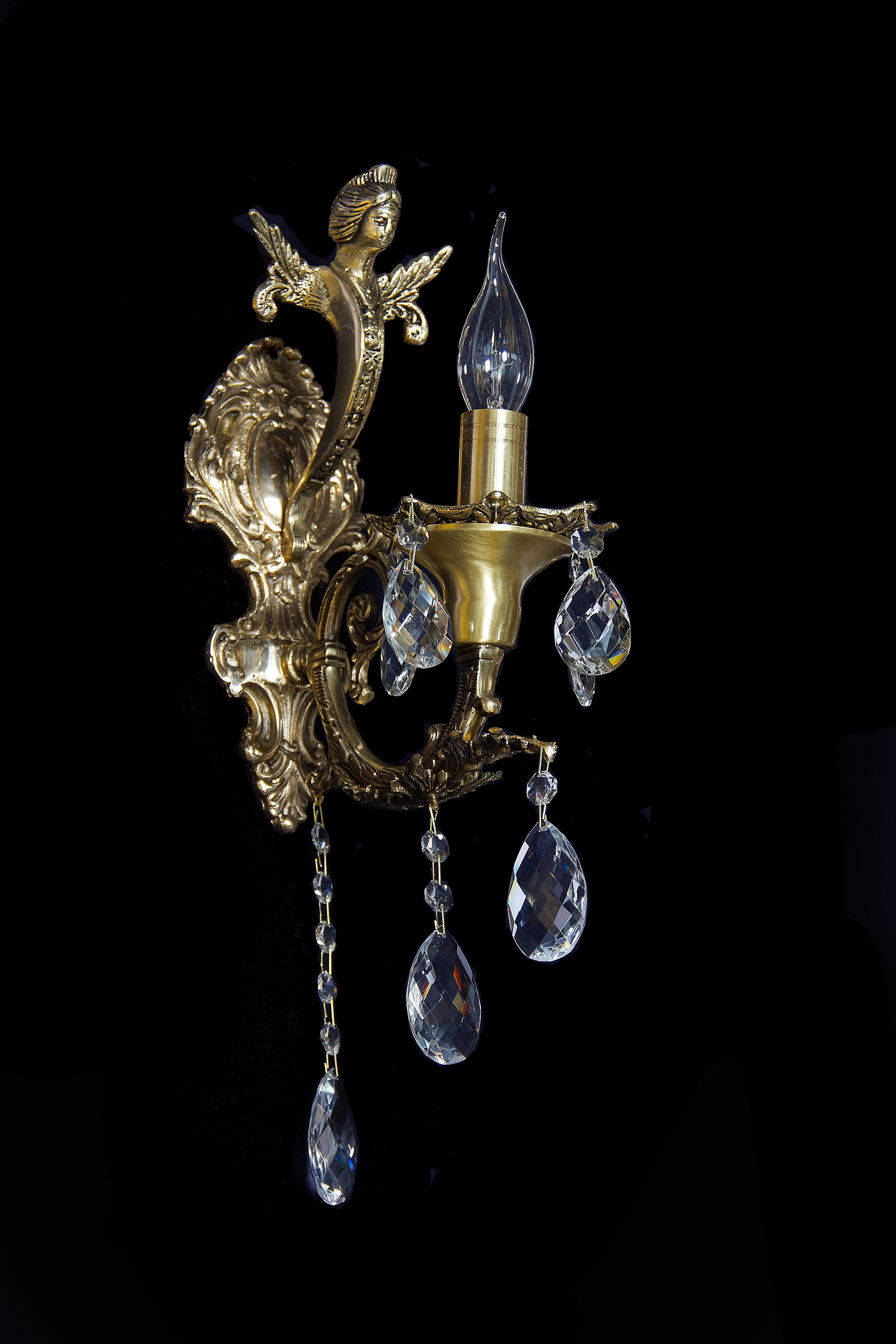 CAST BRASS SCONCE, Vintage Wall Sconce With Crystals, Angel, Bronze