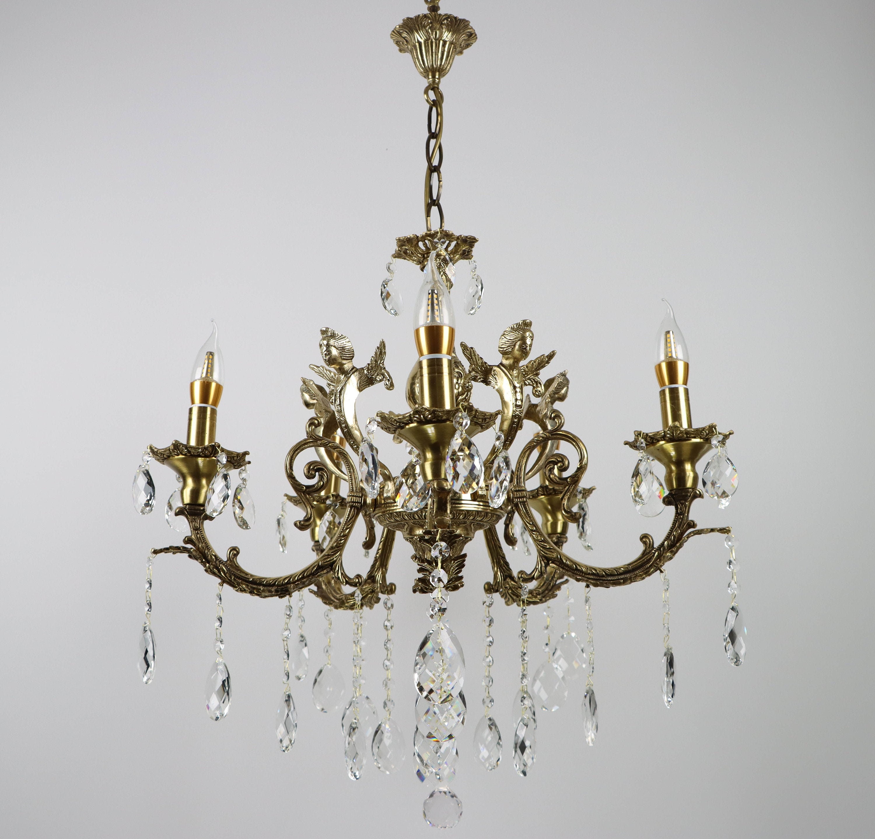 CAST BRASS CHANDELIER, Antique Brass Chandelier, Chandelier With 5 Arms,  Angel, Bronze, Brass, Crystal Drops, Crystal, Classic, Chandelier -   Canada