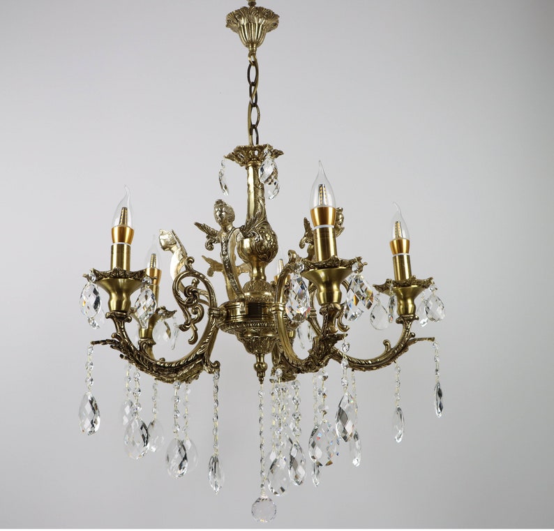 CAST BRASS CHANDELIER, Antique Brass Chandelier, Chandelier with 5 Arms, Angel, Bronze, Brass, Crystal Drops, Crystal, Classic, Chandelier image 2