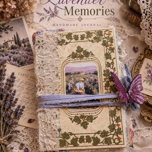 Peut inclure: Un journal fait main intitulé Lavender Memories avec une couverture crème, des bordures en lierre vert et une illustration centrale de personnes dans un champ de lavande. Le journal est entouré d'un ruban violet avec un papillon violet.