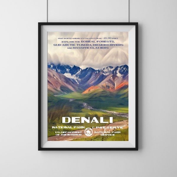 Parque Nacional Denali / Cartel del Parque Nacional de Alaska / Denali Crimson Tundra / Denali Color Peaks Print / Abstract Travel Print / WPA Poster