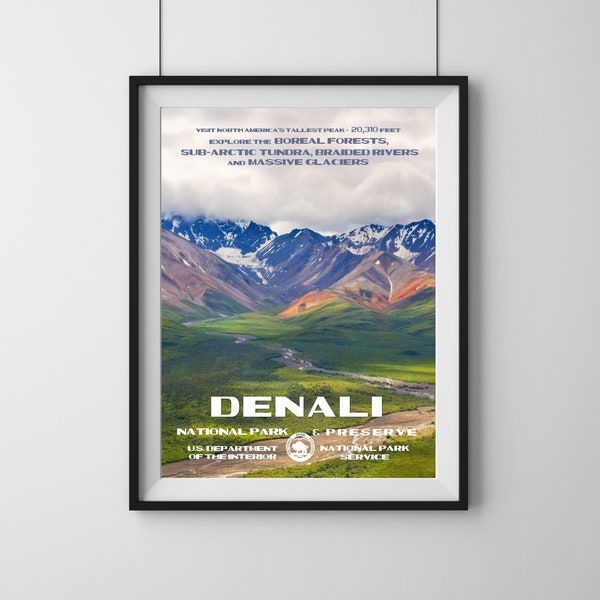 Parque Nacional Denali / Cartel del Parque Nacional de Alaska / Denali Crimson Tundra / Denali Color Peaks Print / Vintage Travel Print / WPA Poster