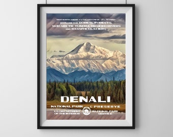 Denali National Park | Alaska National Park Poster | Denali Peak Poster | Denali Artistic Peak Print | Abstract Travel Print | WPA Poster