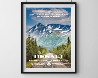 Denali National Park | Alaska National Park Poster | Denali Railroad Poster | Denali Peaks Print | Vintage Travel Print | WPA Poster