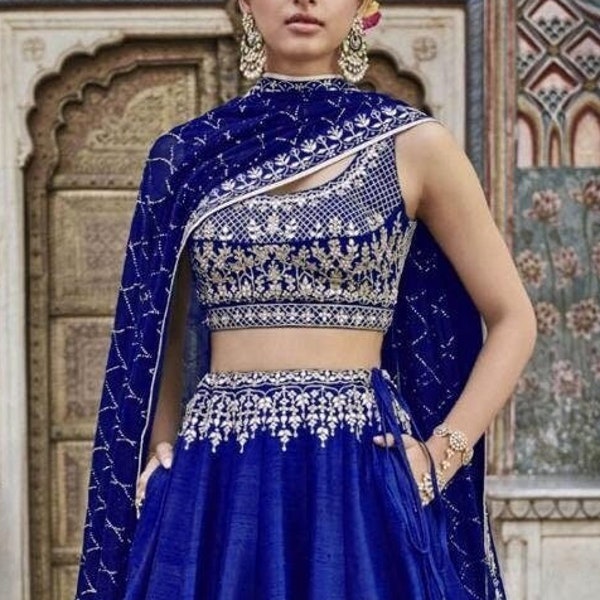Blue Color Ready To Wear Silk Lehenga Choli With Dupatta,Indian Designer Embroidery Work Lengha Choli For Women,Custom Stitched Chania Choli