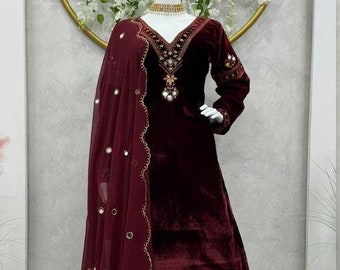 Designer Partywear Velvet Anarkali Kurti with Dupatta set , Mirror Work, Readymade Wedding Dress for women , Salwar kameez Dresses
