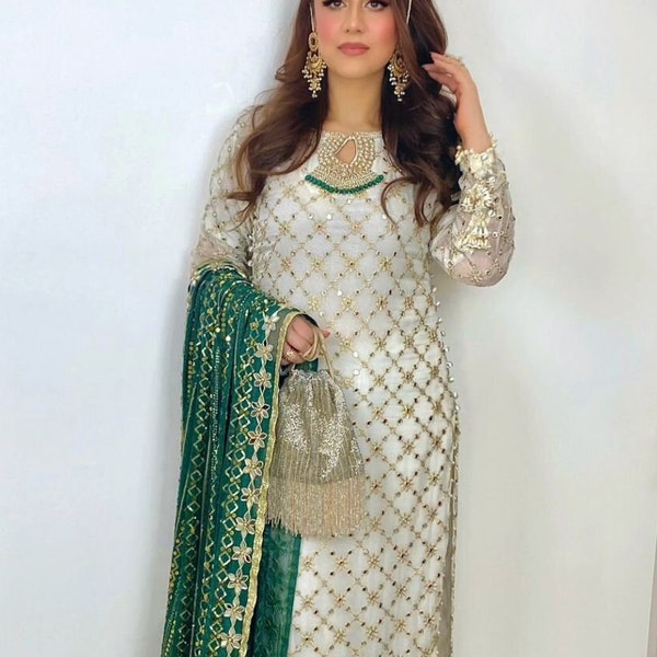 Green Faux Georgette Party Wear Suit Pakistani Kurti and Pant 3 Pcs Set, Georgette Embroidery Stitched Indian Ethnic Wear For Women